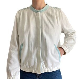 Vintage Womens St. Croix Knits White with Blue Suede Trim Cardigan Preppy Jacket